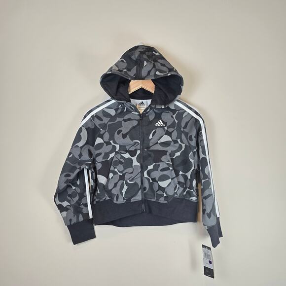 Adidas 3 Stripe Full Zip Hoodie Size 7/8 Girls Sweatshirt AP4576 Black Gray Camo - Picture 1 of 5